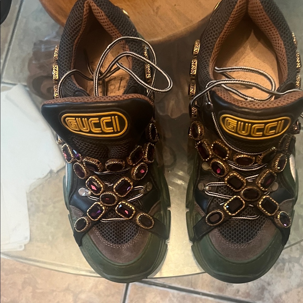 Gucci Men's Black and Green Embellished Sneakers